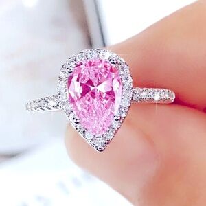 Sterling 925🌸AAA PINK CZ Tear Drop Ring🌸 SIZE 8